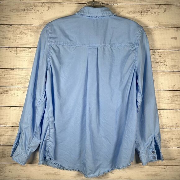 Chico's Touch of Cool Fringe Denim Long Sleeve Roll Tab Shirt Blue Size 1 M Top - Picture 3 of 10